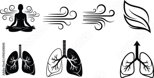 Human lungs breathing system vector silhouette collection with meditating person wind icons and respiratory health anatomy icons for flavector brand.