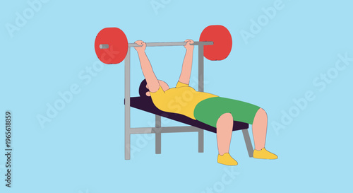 Flat Illustration of Man Bench Pressing Weights in Gym