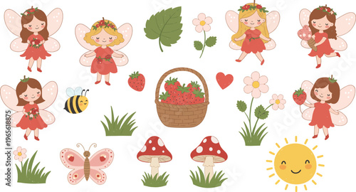 Whimsical illustration of fairies flowers mushrooms and insects for kids