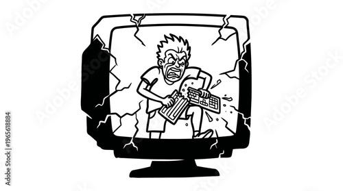 Minimalist Broken Monitor with Rage Gamer Cartoon Line Art, Monochrome Vector Illustration of Gaming Rage Quit