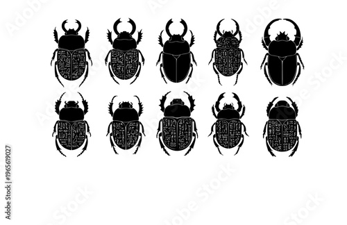Ancient Egyptian Scarab Beetle Silhouette Sticker, Museum Specimen Hieroglyphic Vector, Hand Etched Pharaonic Amulet Illustration