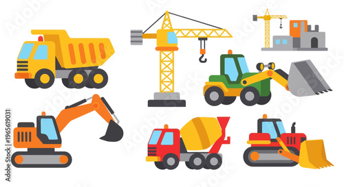 Flat Design Construction Vehicles Set - Yellow Dump Truck Crane Excavator