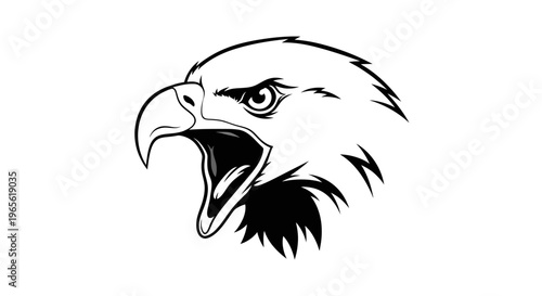 An aggressive eagle head with open beak is shown in bold outline on a white background.