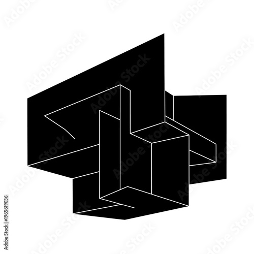 Abstract structure formed by floating rectangular black panels on white background