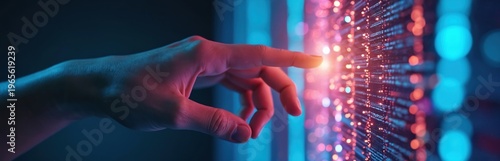 Plakat w ramie Human hand touches glowing digital data stream. Person interacts with complex network, future technology, virtual interface. Futuristic innovation, connection, insight.