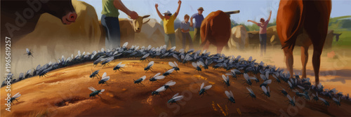 [SEO_TITLE]: Biblical plague of flies from Exodus showing a massive swarm of insects overwhelming distressed people and cattle in a dusty desert landscape