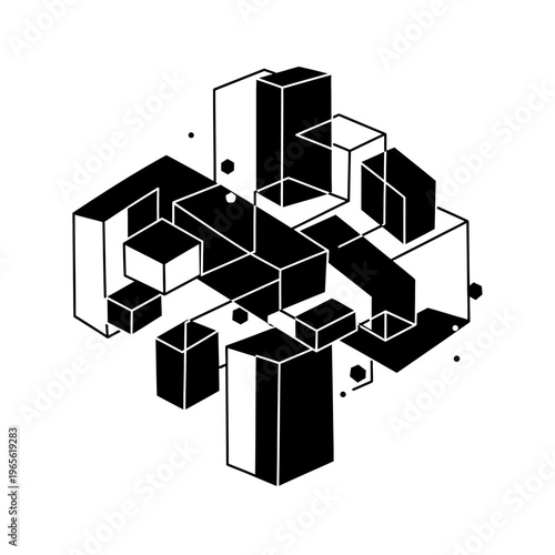 Abstract geometric composition of interconnected black and white cubes and rectangular prisms, creating a complex three-dimensional structure with scattered dots.