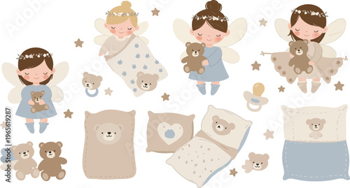 Cute cartoon children and adorable teddy bears with bedding and pillows