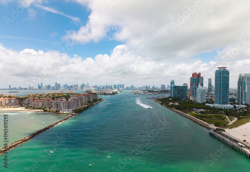 Miami Beach. Miami Beach city from top. South Beach from above. Drone of coastline scene. Shore of Miami with skyscrapers. Aerial cityscape of Miamis view.