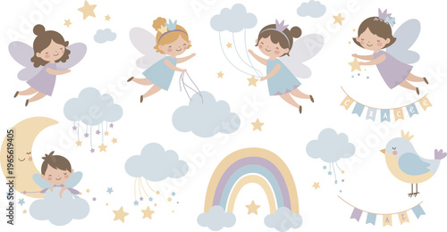 Whimsical illustration of fairies and magical elements for kids