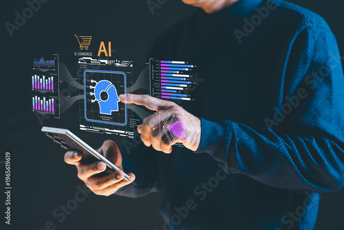 A futuristic digital scene of a person interacting with a smartphone enhanced by artificial intelligence and data analytics interfaces. The image features AI-powered dashboards, business charts