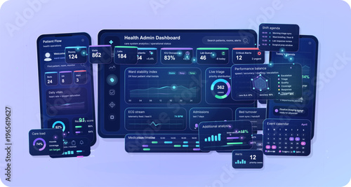 Modern healthcare admin dashboard interface set with tablet and mobile screens showing patient flow, triage, vitals, scheduling, alerts, and hospital analytics in pastel neon style.