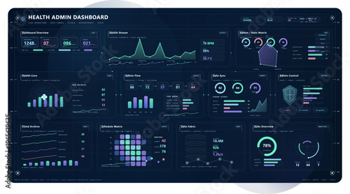 Futuristic health admin dashboard with hospital operations metrics, vitals telemetry, scheduling matrix, alerts, occupancy analytics, and dark neon medical monitoring panels for healthcare data manage