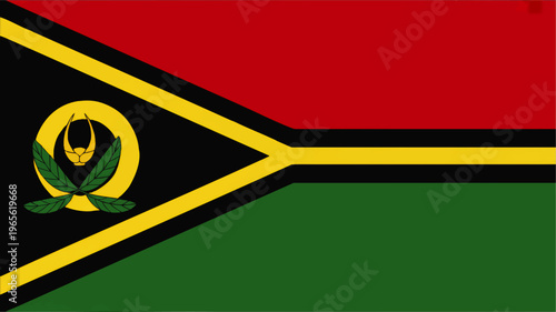 Vanuatu national flag illustration with red green black stripes yellow chevron and emblem symbol, Pacific island country banner design