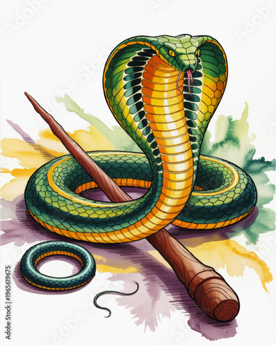 Colorful cobra illustration with wooden staff and snakeskin bracelet, vibrant poisonous snake artwork on transparent background