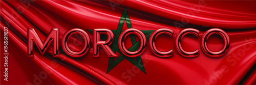 Glossy red Morocco text with Moroccan flag star on flowing silk fabric background, 3D metallic typography travel banner