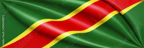 Waving green red yellow diagonal stripe banner, satin fabric texture background for celebration, festival and design projects