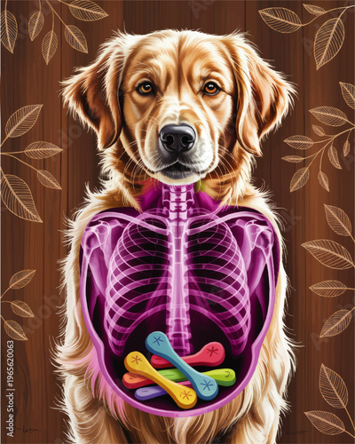 Golden retriever anatomy illustration with colorful dog treats and purple x ray ribs on rustic wooden background