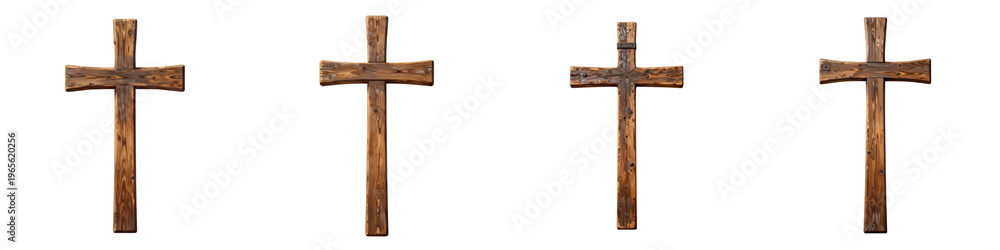Fototapeta premium Collection of wooden crosses standing against a black background with nails