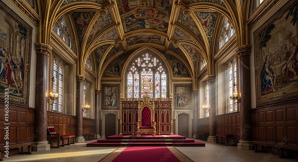 Fototapeta premium Grand hall interior with ornate architecture and stained glass windows