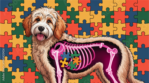 Cute doodle dog anatomy illustration with glowing pink bones and colorful puzzle background for veterinary education and autism awareness