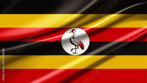 Waving Uganda flag illustration with grey crowned crane emblem, realistic fabric texture, national African country symbol background