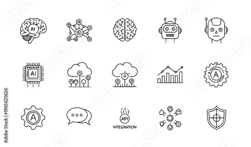 AI and technology thin line icon set artificial intelligence vector collection