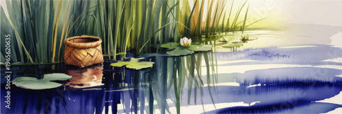 Tranquil pond with water lilies, reeds and wicker basket at sunrise, serene watercolor landscape illustration background