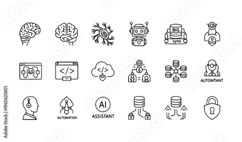 Professional AI technology line icons neural network and automation vector