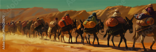 Desert caravan of traders with pack donkeys crossing sandy dunes at sunset, colorful travel illustration of nomadic journey and adventure
