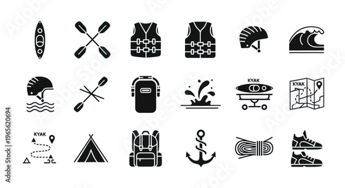 Kayaking and Water Sports Equipment Icons Set Glyph Style