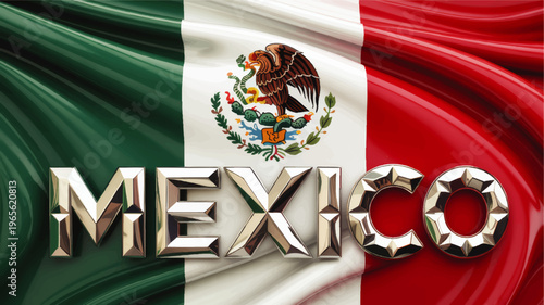 Mexican flag with metallic Mexico text, 3D chrome letters on waving green white red national banner, patriotic background