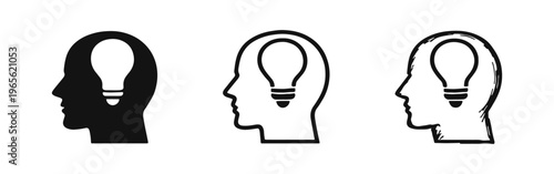 Human Head with Light Bulb Icon Set - Idea Generation, Creativity, and Innovation Concepts.