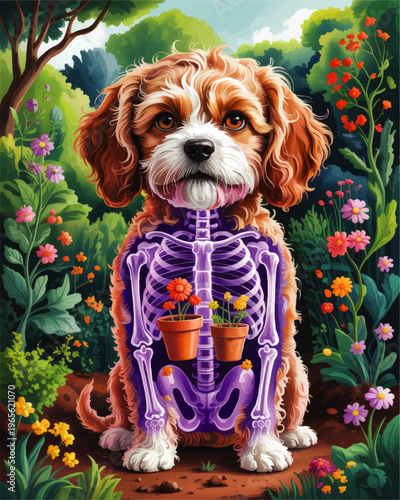 Cute garden dog with glowing purple skeleton and potted flowers inside body, whimsical veterinary anatomy illustration in colorful nature