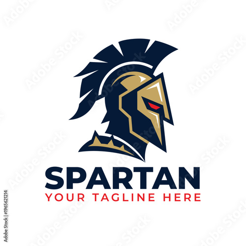 Strong spartan warrior helmet mascot logo vector illustration. Perfect for esports teams, sports clubs, gyms, and gaming branding. Features a bold gladiator design in navy and gold.