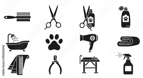 Grooming Pet Supplies Icon Set Glyph Black and White
