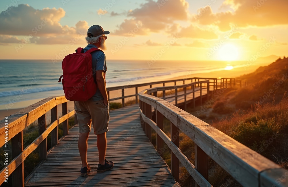 Fototapeta premium Elderly man with red backpack walks on wooden boardwalk by ocean. He watches sun setting over sea horizon. Golden hour light illuminates scenic coastal path, creating peaceful atmosphere.