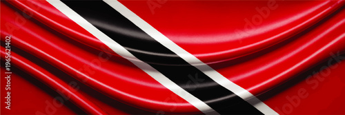 Waving Trinidad and Tobago flag background, glossy red fabric with diagonal black and white stripes, patriotic abstract banner