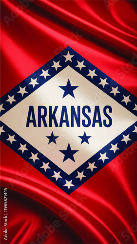 Arkansas state flag close up on silky red fabric, patriotic USA banner with blue stars and white diamond, vertical background