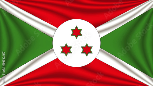 Realistic waving Burundi national flag with three red stars on white circle, red and green diagonal stripes, detailed fabric texture