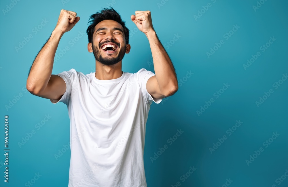 Naklejka premium Asian man with closed eyes smiles widely, raising clenched fists in celebration. Energetic young man wears white t-shirt, poses joyfully against blue background. His success and happiness are evident.