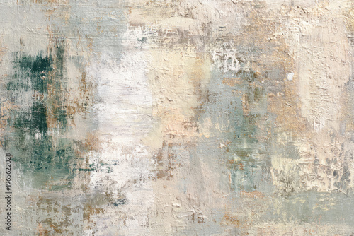 Abstract textured wall surface with layered neutral tones and distressed brush strokes, creating a vintage artistic background with subtle depth and organic patterns.