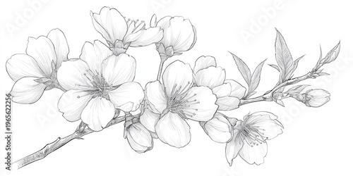 Delicate monochrome pencil sketch of cherry blossoms on a branch