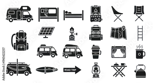 Camping Equipment Icons Set, Outdoor Adventure, Black Glyph Style