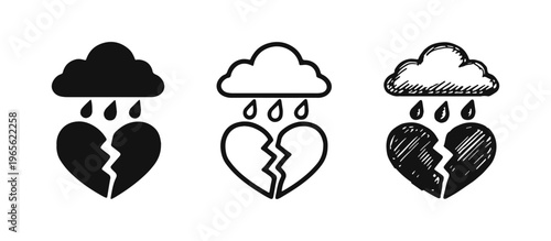 Broken heart with raining cloud icon set. Sadness, heartbreak, and emotional pain symbol in various styles.