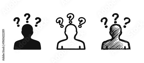 Confused person with question marks icon set. Uncertainty, doubt, and thinking symbol in different styles.