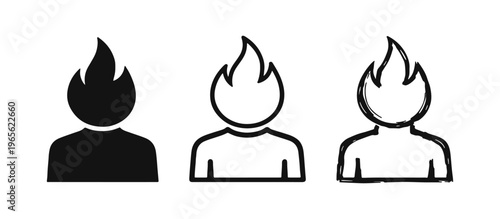 Person with flame head icon set. Anger, passion, burnout, or hot-headed symbol in various styles.