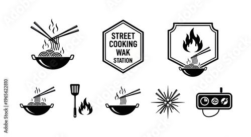 Black  White Line Art Icons: Wok Cooking, Noodles, Spatula, Fire, Timer