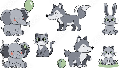 Cute Animal Characters Vector Set Featuring Elephant, Wolf, Rabbit, and Cat in Grey Color Scheme for Kids’ Decor, Educational Materials, and Graphic Design