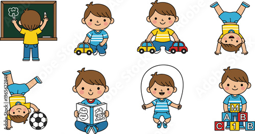 Cute Boy Cartoon Vector Set Featuring Learning, Playing, and Fun Activities with Toys, Sports, and Books for Kids' Educational Materials and Decor